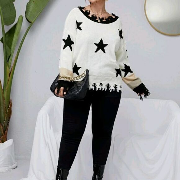 Plus Star Pattern Drop Shoulder Distressed Sweater - Picture 5 of 5